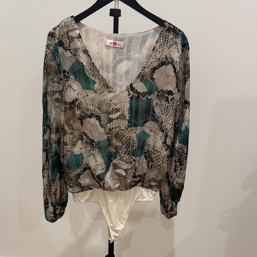 Buddy Love Sheer Snake-Print V-Neck Bodysuit in Teal and Cream